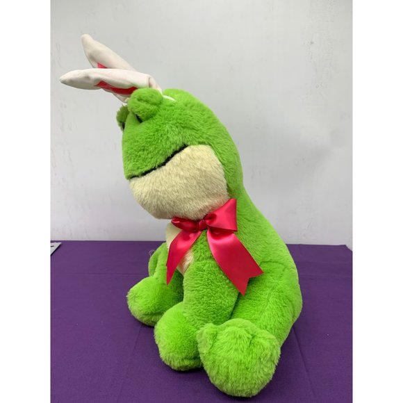 Walmart Green Frog Pink Bow Bunny Ears Easter 14.5 Inch Plastic Eyes Plush Stuff - Picture 2 of 11